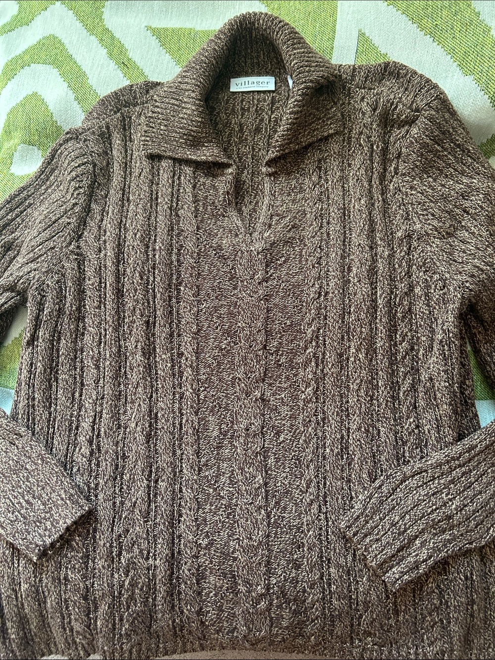 Liz Claiborne | Villager Brown Cable Knit V‑Neck Sweater